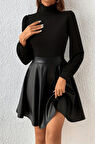 Kadın Uzun Kollu Balıkçı Yaka üst Kaşkorse Alt Deri Detaylı Mini Elbise