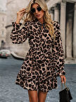 Kadın Uzun Kollu Yakadan Bağcıklı Modal Leopar Desenli Mini Elbise