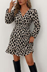 Kadın Uzun Kollu Kruvaze Yaka Desenli Mini Modal Elbise