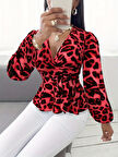 Kadın Uzun Kollu Kruvaze Yakalı Belden Kuşaklı Leopar Desenli Süprem Bluz