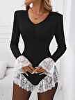 Kadın V Yaka Uzun Kollu Gizli Fermuar Dekolte Ve Dantel Volan Detay Mini şort Tulum
