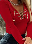 Kadın Uzun Kollu V çapraz Zincir Detaylı Kaşkorse Bluz