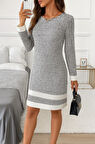 Kadın Uzun Kollu Yuvarlak Yaka Etek Ucu şerit Detaylı Mini Dokuma Elbise