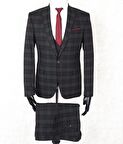 Jan Carlucci Slimfit Tek Düğme Kareli Yelekli Drop 6 Takım-Siyah