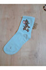 Jerry Hayvan Desenli Pamuklu Çorap Arakonç Kadın Mavi Soket Dikişsiz Çorap 36-40