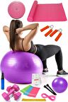 14 Lü Pilates Seti Topu 3 Lü Pilates Bandı Dambıl Minder Atlama Ipi Twister Aerobik El Yayı Mor