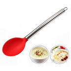 Silikon Kaşık Paslanmaz Saplı Servis Kaşığı Kırmızı 34 cm