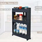 Tekerlekli 3 Katlı Raf Dar Yer Organizeri Siyah