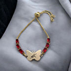 14 Ayar Altın Plakalı Kelebek Motifli ve Göz Kamaştıran Kırmızı Taşlı K Harfli Bileklik