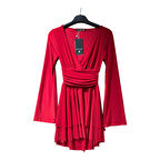 3887 BEL DETAYLI FIRFIRLI UZUN KOL ELBİSE