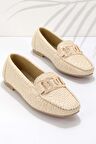 Bambi Bej Baski Detayli  Kadın Loafer Ayakkabi K01542166410