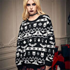 Köstebek Etnik Siyah Gothic Desenli Oversize Kazak