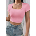 MARSiLYAN- Kadın Pembe Yarım Kol Düz Yaka Crop Top Bluz