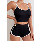 MARSiLYAN- Kadın Siyah Beyaz Çapraz Lastik Detaylı Kaşkorse Şortlu Gecelik Takımı