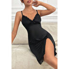 MARSiLYAN- Kadın Siyah Dantelli Fiyonklu ve Yırtmaçlı Şık Gecelik