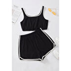 MARSiLYAN- Kadın Siyah Askılı Crop Top ve Şortlu Gecelik Takım