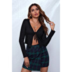 MARSiLYAN- Kadın Siyah Uzun Kollu Önden Bağlama Detaylı Crop Top Bluz