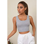 MARSiLYAN- Kadın Gri Kare Yaka Crop Top Bluz