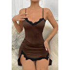 MARSiLYAN- Kadın Kahverengi Göğsü ve Bacakları Dantelli Yırtmaçlı Şık Gecelik