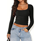 MARSiLYAN- Kadın Siyah Kare Yaka Dantelli Uzun Kollu Crop Top Bluz