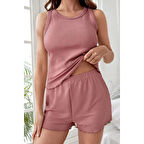 MARSiLYAN- Kadın Tozlu Pembe Kenarları Fırfırlı Şortlu Kaşkorse Gecelik Takımı