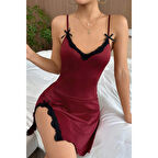 MARSiLYAN- Kadın Bordo Bacak Yırtmaçlı Siyah Dantelli ve Fiyonklu Şık Gecelik