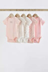 % 100 Pamuklu Pembe Çiçek Desenli Kısa Kollu 5'li Body Zıbın Set