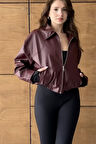 Prifaldi London Oversize Bomber Belden Lastikli Deri Ceket Bordo