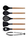 Siyah Bambu Silikon - Kepçe, Kaşık, Kevgir, Makarna, Açılı Spatula, Metal Maşa 6 lı Set