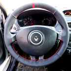 DİKİŞLİ DİREKSİYON KILIFI KARBON DERİ NOKTA DERİ KIRMIZI YÜZÜK KIRMIZI DİKİŞLİ RENAULT CLİO