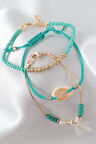 3lü deniz kabuklu incili püsküllü asansörlü lastikli turkuaz ip bileklik. Kadın ip bileklik halhal