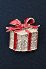Gold hediye kutusu broş. Taşlı tasarım noel hediye kutusu broş. Yaka iğnesi broş. Kadın broş. Broş.