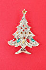 Gold noel ağacı broş. Taşlı yılbaşı ağacı broş. Yaka iğnesi broş. Çam ağacı broş. Kadın broş. Broş.