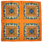 Etnik Çiçek Desenli Çok Parçalı Saten Oranj Eşarp - 90x90