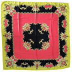Geometrik Çiçek Desenli Saten Sarı Eşarp - 90x90