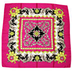 Kare Kesim Etnik Çiçek Desenli Fuşya Saten Eşarp - 90x90