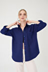 Tek Cepli Oversize Keten Gömlek- Lacivert