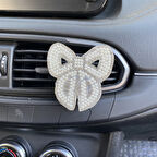 Kristal Taşlı Fiyonk Kurdele Pleksi Havalandırma Klips Oto Kokusu Gümüş Beyaz