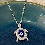 Gümüş Nazar Boncuklu Kaplumbağa Kolye