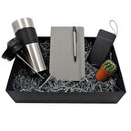 Modern Gri Dörtlü Vip Hediye Seti / Ajanda, Kalem, Termos ve Powerbank