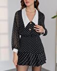 ÖNLÜK YAKA PUANTİYELİ SİYAH ŞİFON ELBİSE 