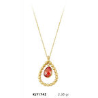 14 Ayar Damla Motifli Kırmızı Taşlı Kolye KLY1742