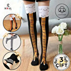 KRAL SOCKS Kadın Dizüstü Çorap (3 Çift) Günlük Düz Çizgili Pamuklu Diz Üstü Siyah Çorap Yeni Trend