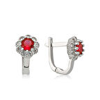 KENPAZAR Gümüş Kırmızı Çiçek Desenli Yuvarlak J Kadın Küpe