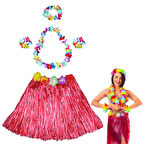 KENPAZAR Hawaii Dans Kostümü – Kırmızı Hula Etek Çiçek Kolye Seti