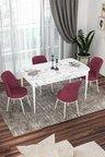 Kor Serisi 70x114 Açılabilir Mutfak Masası Takımı Beyaz Mermer Desen Masa 4 Bordo Sandalye