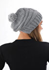 Wearflawless Kadın Gri Kalın Örgü Ponponlu Bere
