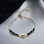 Efsane Zarif Detaylar Kalp Motifli Siyah Taşlı 14 Ayar Altın Plakalı Kartal Bilekliği