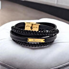  Karizmatik 14 Ayar Altın Plakalı, Dikdörtgen Motifli ve Siyah Deri Örgülü Kerem Bilekliği