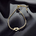 Kraliyet Asaleti Kalp Motifli ve Zarif Beyaz Taşlı 14 Ayar Altın Plakalı Kraliyet Tacı Bilekliği